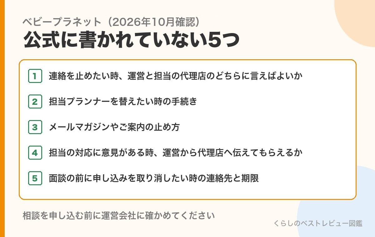 ベビープラネットの公式に書かれていない5つの項目(連絡を止める先・担当変更・メールマガジンの止め方・意見の伝え方・申込の取り消し)
