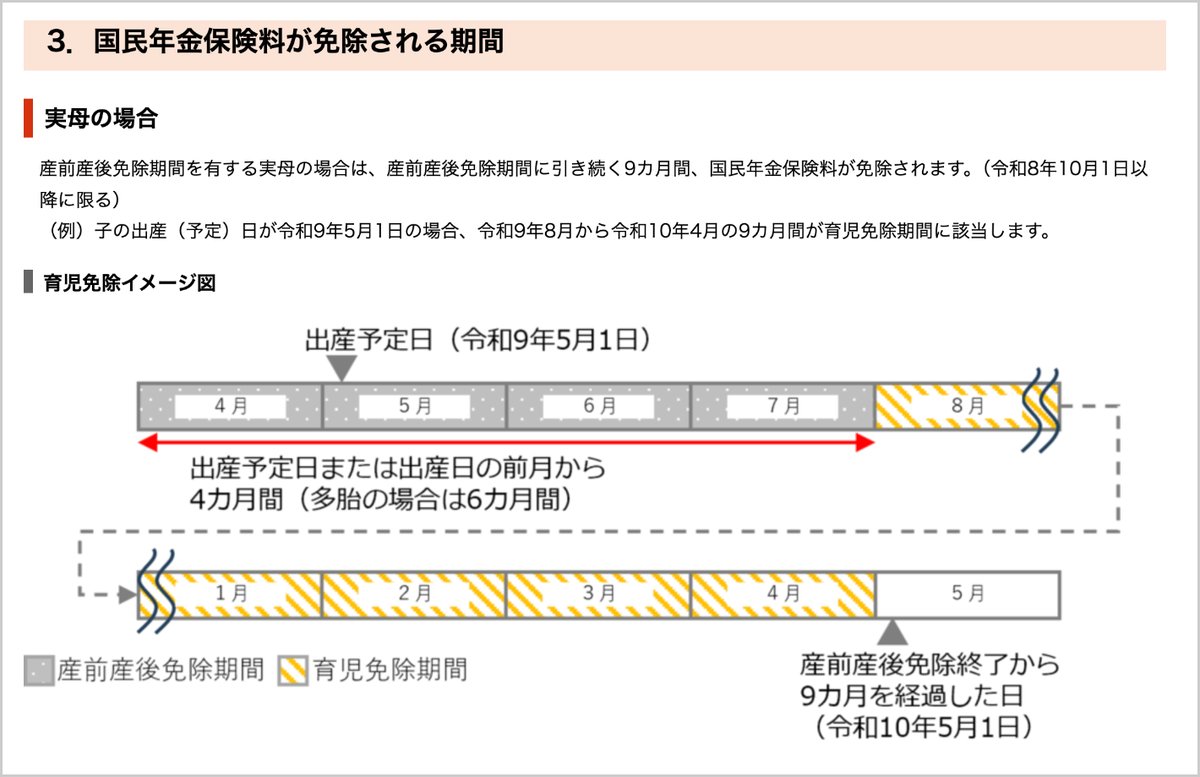 日本年金機構の育児免除のイメージ図（実母は産前産後免除に続く9か月）