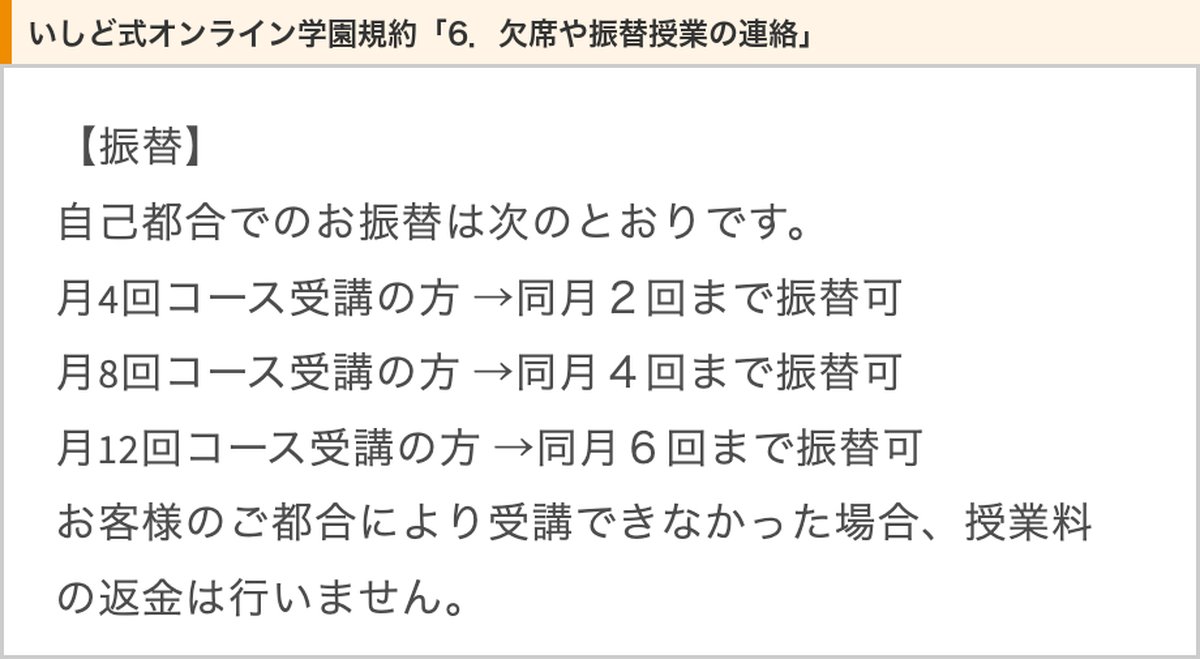 いしど式オンライン学園規約の振替の項。月4回コースは同月2回まで振替可
