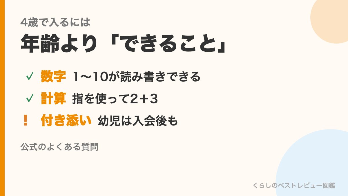 いしど式オンラインに4歳で入る目安の図。1〜10の読み書き、指を使って2+3、幼児は入会後も付き添い