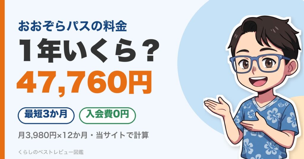 おおぞらパスの料金は1年47,760円（月3,980円×12か月）・最短3か月・入会費0円を示すアイキャッチ