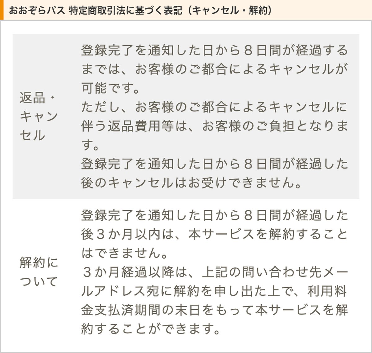 おおぞらパスの特定商取引法に基づく表記。登録完了の通知から8日間はキャンセル可、3か月経過以降にメールで解約を申し出る