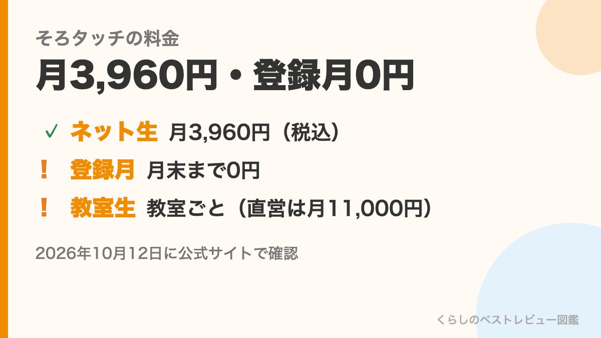そろタッチの料金（ネット生は月3,960円・登録月は月末まで0円・教室生は教室ごと）